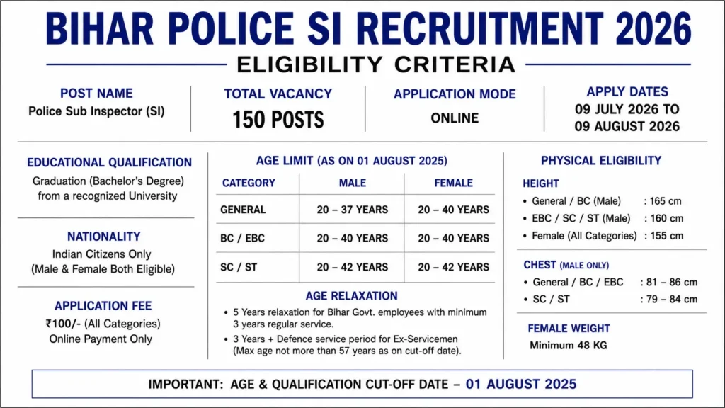 Bihar Police SI Bharti 2026 (Closed Cadre) Eligibility