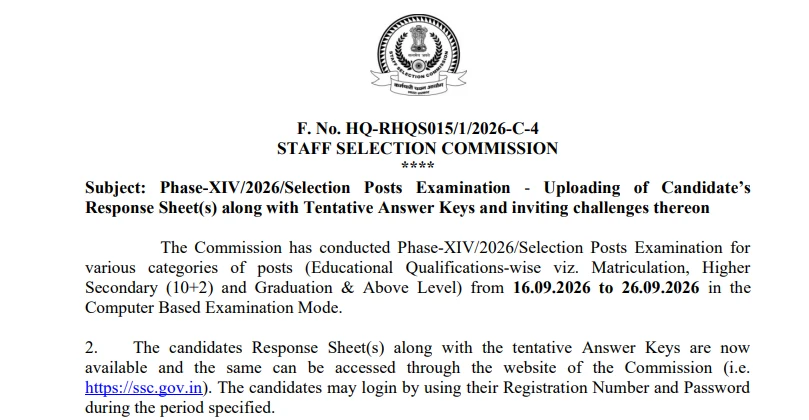 SSC Selection Post Phase 14 Answer Key 2026 out